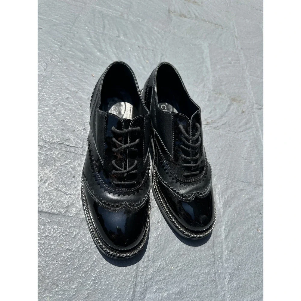 Chanel Black Leather Patent Chain Trim Wingtip Oxford Shoes womens 38.5